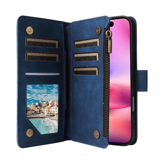 For iPhone 16 Plus Crossbody Multi-card Slot Wallet Zipper Leather Phone Case(Dark Blue)
