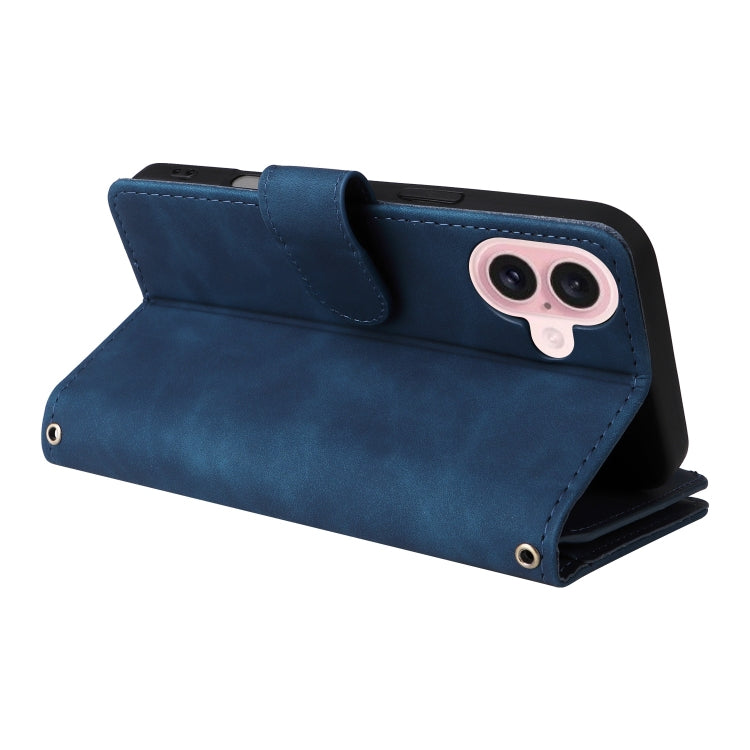 For iPhone 16 Plus Crossbody Multi-card Slot Wallet Zipper Leather Phone Case(Dark Blue)