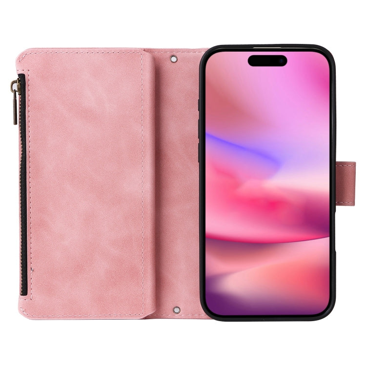 For iPhone 16 Plus Crossbody Multi-card Slot Wallet Zipper Leather Phone Case(Pink)