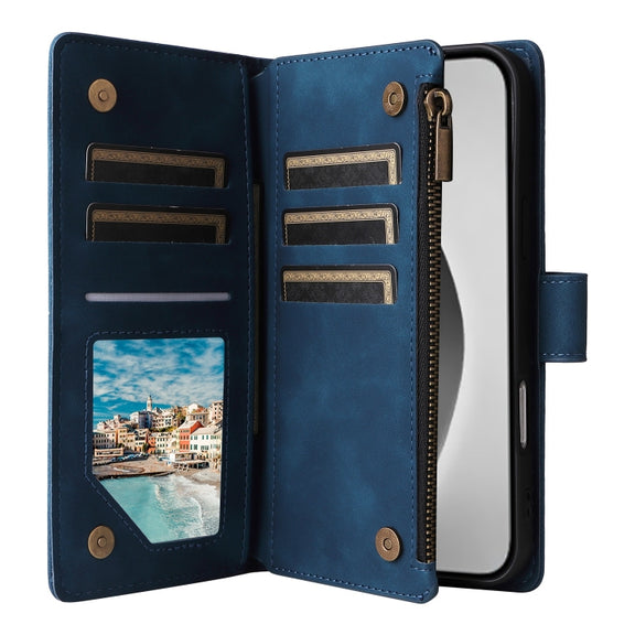 For iPhone 16 Pro Crossbody Multi-card Slot Wallet Zipper Leather Phone Case(Dark Blue)