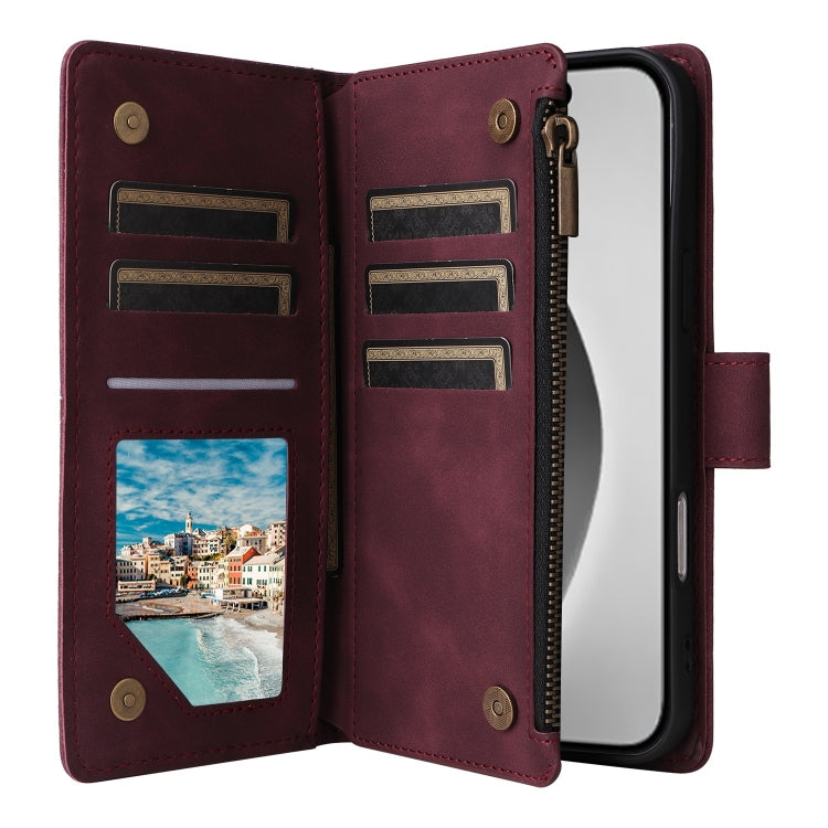 For iPhone 16 Pro Max Crossbody Multi-card Slot Wallet Zipper Leather Phone Case(Wine Red)