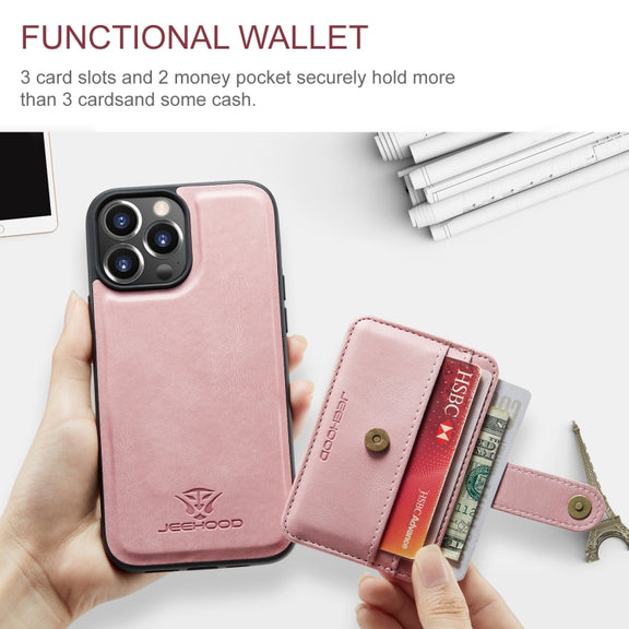 For iPhone 15 Pro Max JEEHOOD RFID Blocking Anti-Theft Magnetic PU Phone Case(Pink)