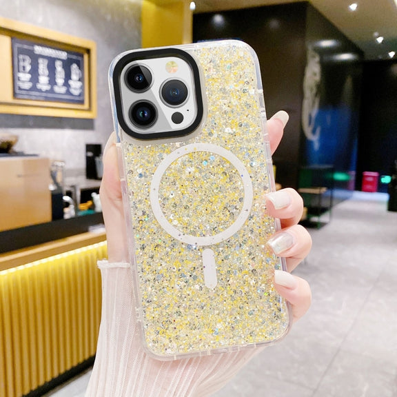 For iPhone 15 Gold Armor MagSafe Glitter Epoxy Phone Case(Yellow)