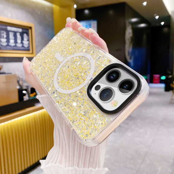 For iPhone 15 Gold Armor MagSafe Glitter Epoxy Phone Case(Yellow)