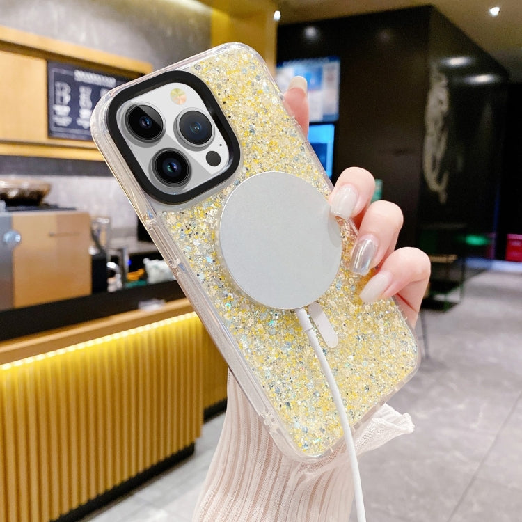 For iPhone 15 Gold Armor MagSafe Glitter Epoxy Phone Case(Yellow)