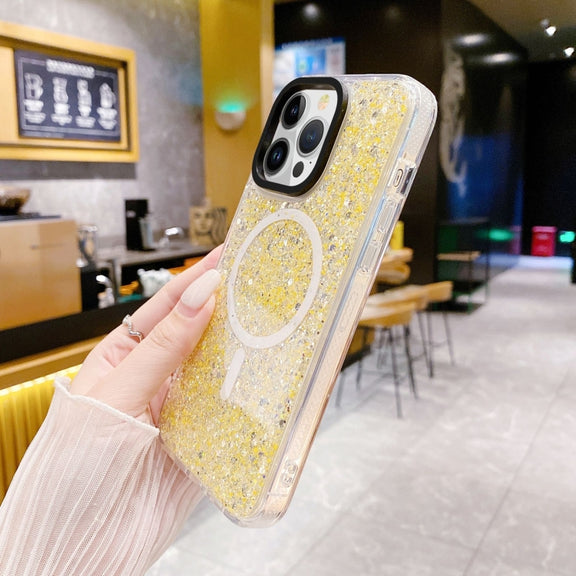 For iPhone 15 Gold Armor MagSafe Glitter Epoxy Phone Case(Yellow)