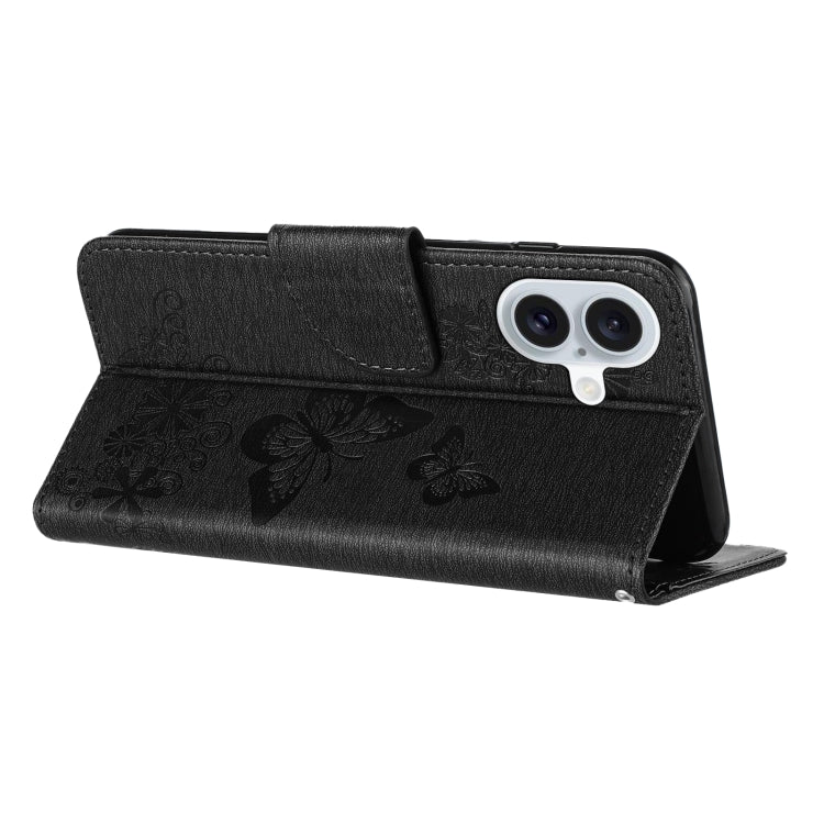 For iPhone 16 Butterfly Embossed Flip Leather Phone Case(Black)