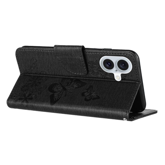 For iPhone 16 Butterfly Embossed Flip Leather Phone Case(Black)