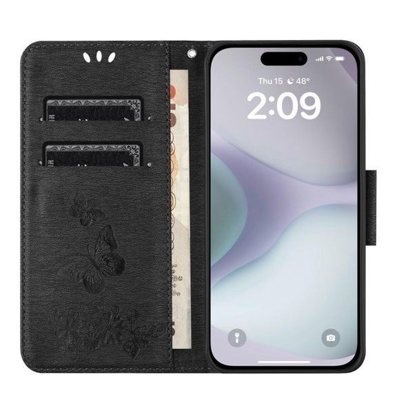 For iPhone 16 Butterfly Embossed Flip Leather Phone Case(Black)
