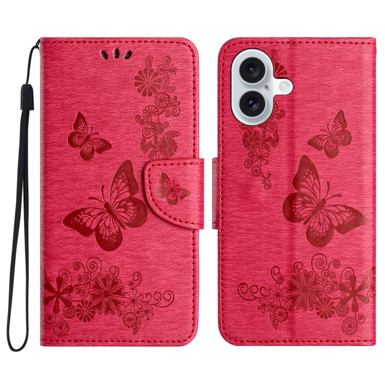 For iPhone 16 Plus Butterfly Embossed Flip Leather Phone Case(Red)