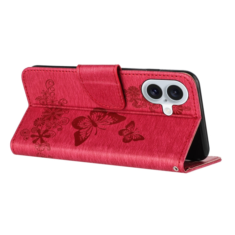 For iPhone 16 Plus Butterfly Embossed Flip Leather Phone Case(Red)