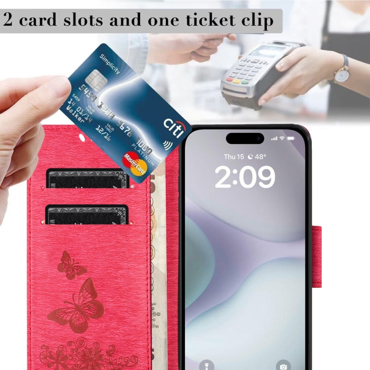 For iPhone 16 Plus Butterfly Embossed Flip Leather Phone Case(Red)
