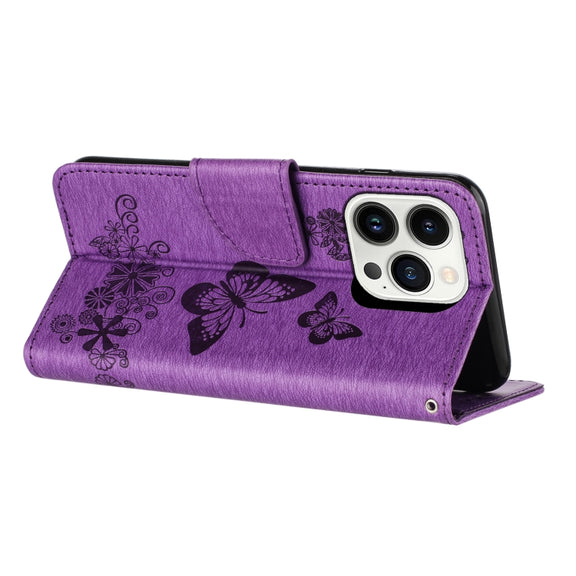For iPhone 16 Pro Max Butterfly Embossed Flip Leather Phone Case(Purple)