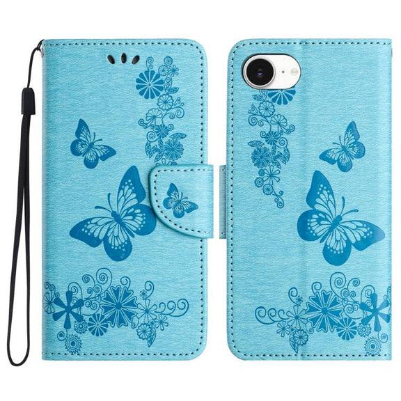 For iPhone 16e Butterfly Embossed Flip Leather Phone Case(Blue)