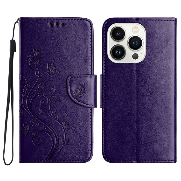 For iPhone 16 Pro Butterfly Flower Pattern Flip Leather Phone Case(Dark Purple)