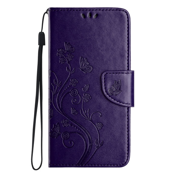 For iPhone 16 Pro Butterfly Flower Pattern Flip Leather Phone Case(Dark Purple)