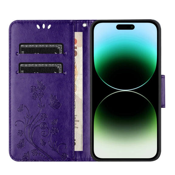 For iPhone 16 Pro Butterfly Flower Pattern Flip Leather Phone Case(Dark Purple)