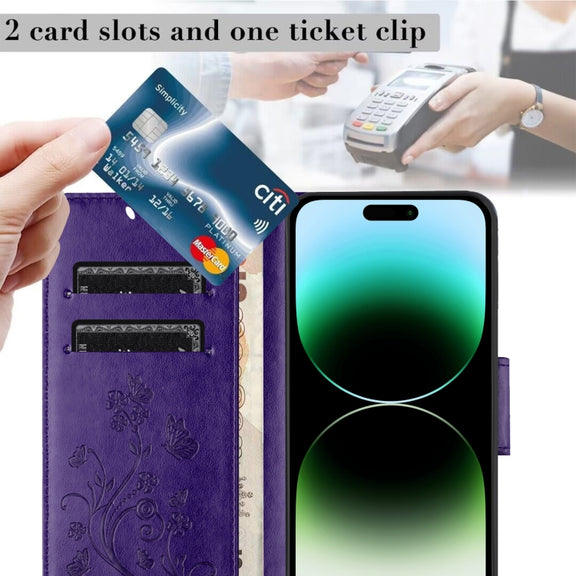 For iPhone 16 Pro Butterfly Flower Pattern Flip Leather Phone Case(Dark Purple)