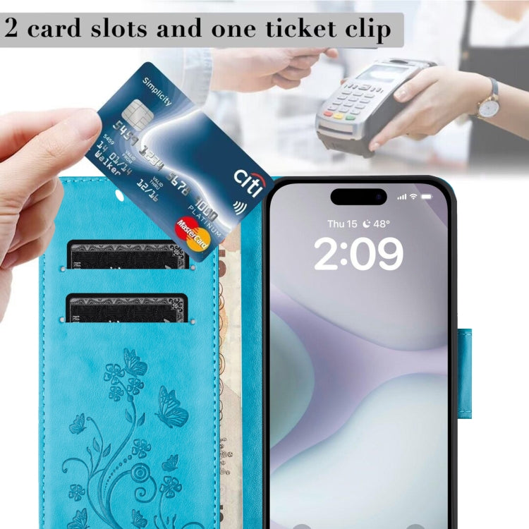 For iPhone 16 Plus Butterfly Flower Pattern Flip Leather Phone Case(Blue)