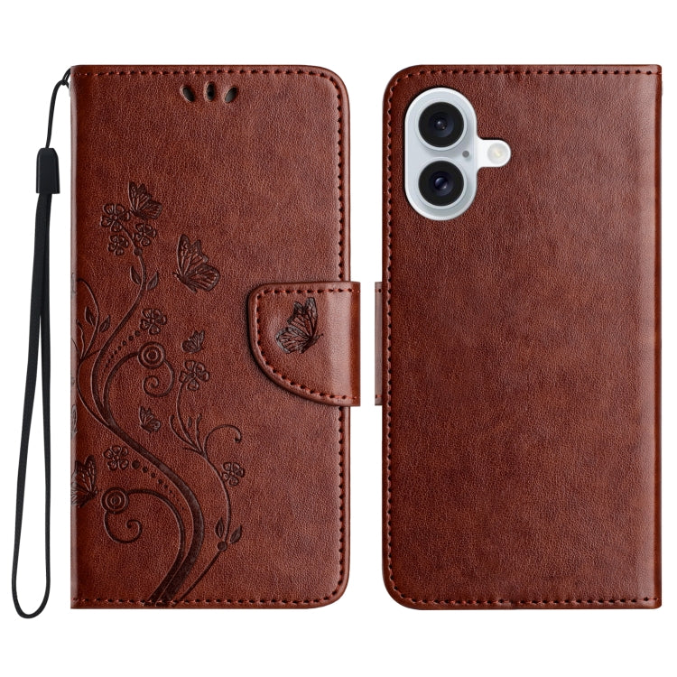 For iPhone 16 Butterfly Flower Pattern Flip Leather Phone Case(Brown)