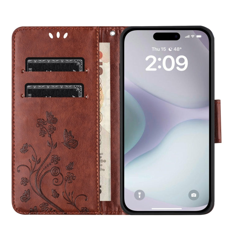 For iPhone 16 Butterfly Flower Pattern Flip Leather Phone Case(Brown)