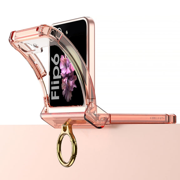For Samsung Galaxy Z Flip6 Gkk Airbag Hinge Silicone Phone Case with Ring Holder(Transparent Black)