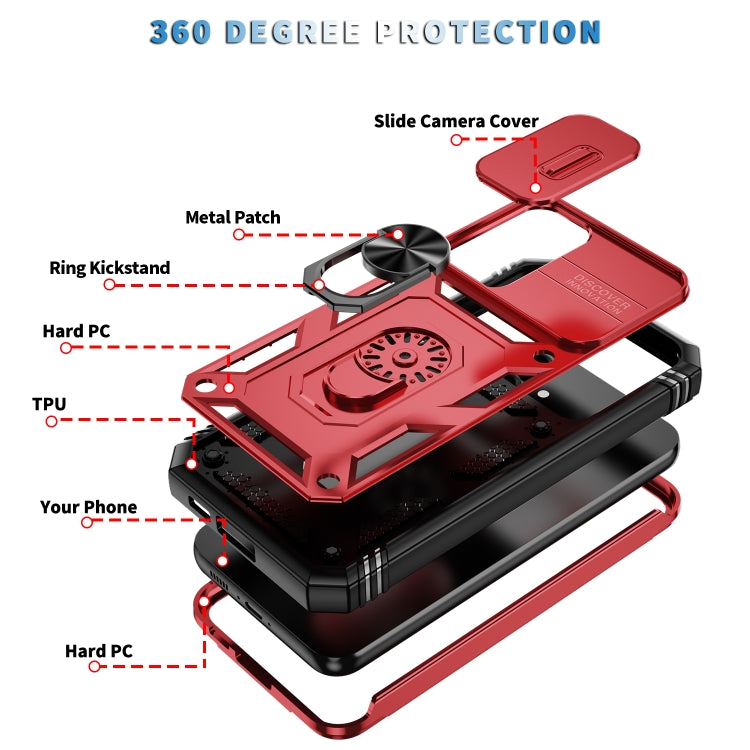 For Samsung Galaxy S23 FE 5G Sliding Camshield TPU + PC Phone Case with Holder(Red+Black)
