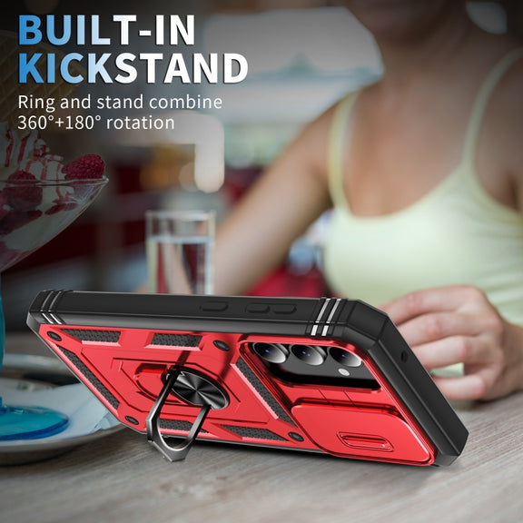For Samsung Galaxy S23 FE 5G Sliding Camshield TPU + PC Phone Case with Holder(Red+Black)