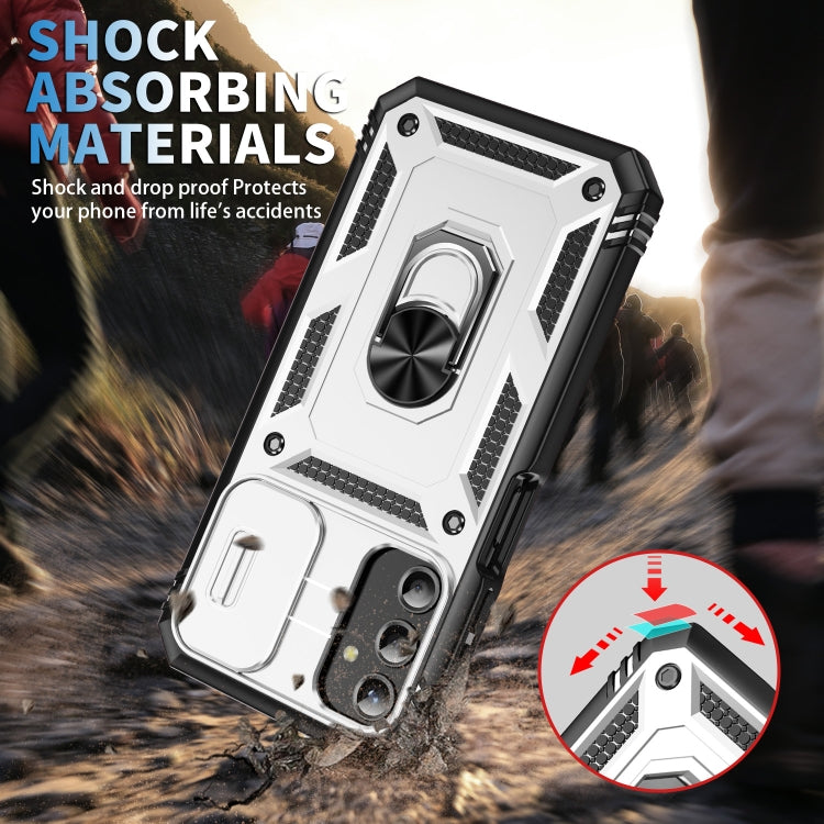For Samsung Galaxy A25 5G Sliding Camshield TPU + PC Phone Case with Holder(White+Black)
