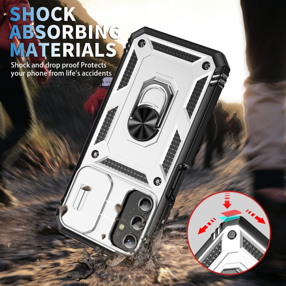 For Samsung Galaxy A25 5G Sliding Camshield TPU + PC Phone Case with Holder(White+Black)