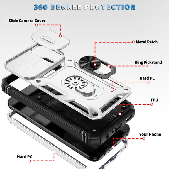 For Samsung Galaxy A25 5G Sliding Camshield TPU + PC Phone Case with Holder(White+Black)