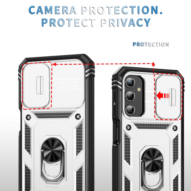 For Samsung Galaxy A25 5G Sliding Camshield TPU + PC Phone Case with Holder(White+Black)