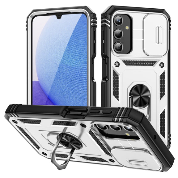 For Samsung Galaxy A25 5G Sliding Camshield TPU + PC Phone Case with Holder(White+Black)