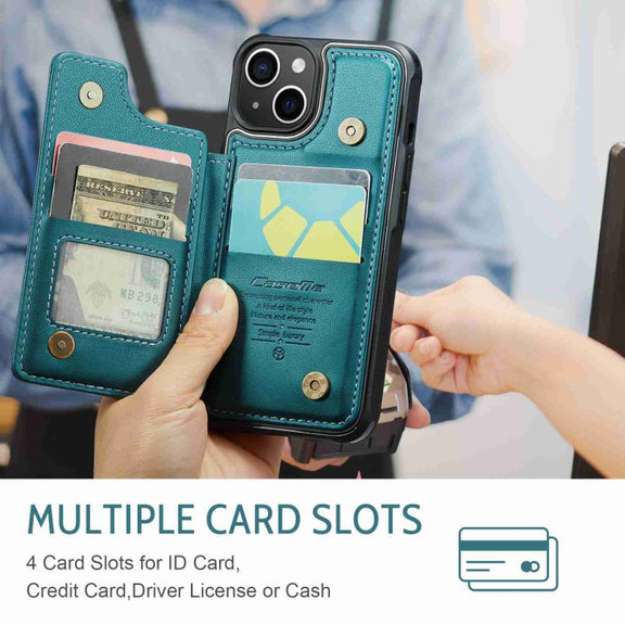 For iPhone 15 Plus CaseMe C22 Card Slots Holder RFID Anti-theft Phone Case(Blue Green)
