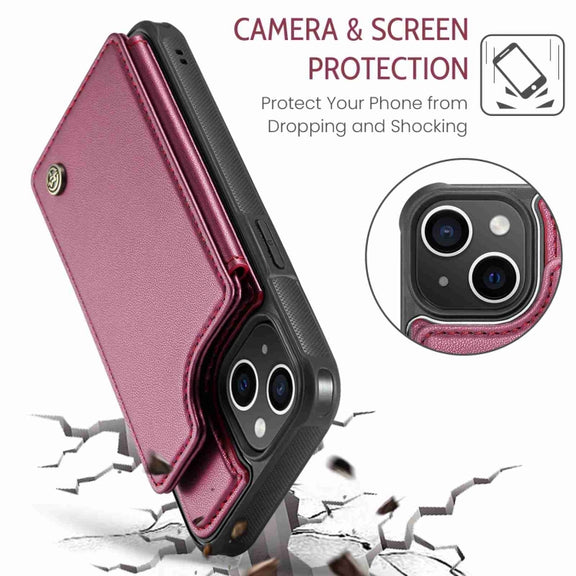 For iPhone 15 Plus CaseMe C22 Card Slots Holder RFID Anti-theft Phone Case(Wine Red)
