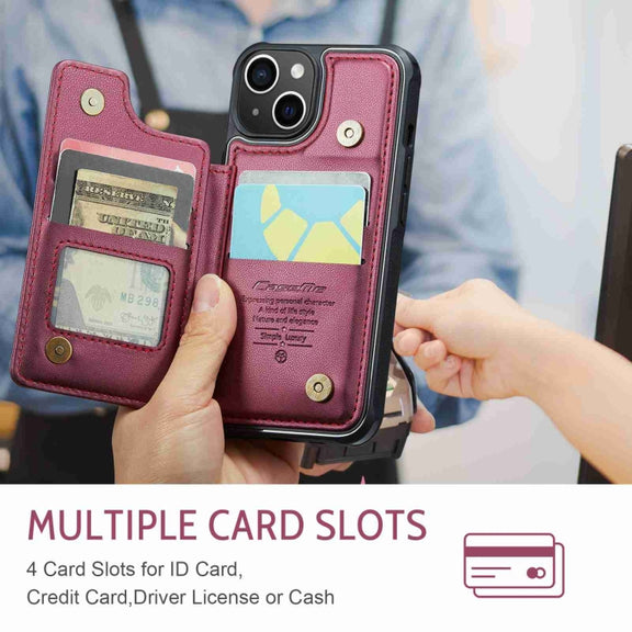 For iPhone 15 Plus CaseMe C22 Card Slots Holder RFID Anti-theft Phone Case(Wine Red)