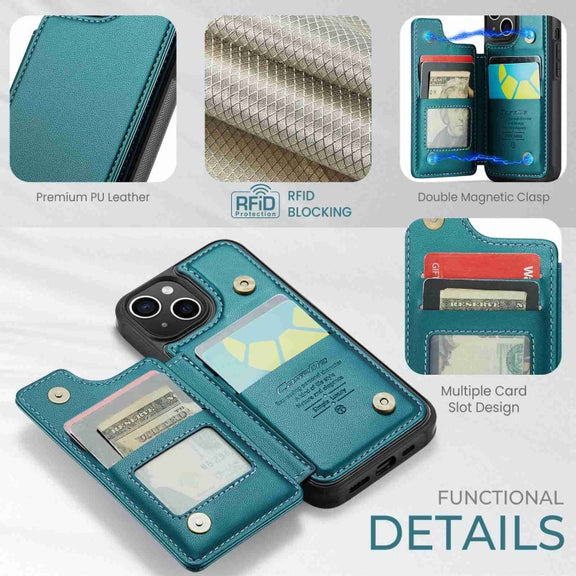 For iPhone 15 CaseMe C22 Card Slots Holder RFID Anti-theft Phone Case(Blue Green)