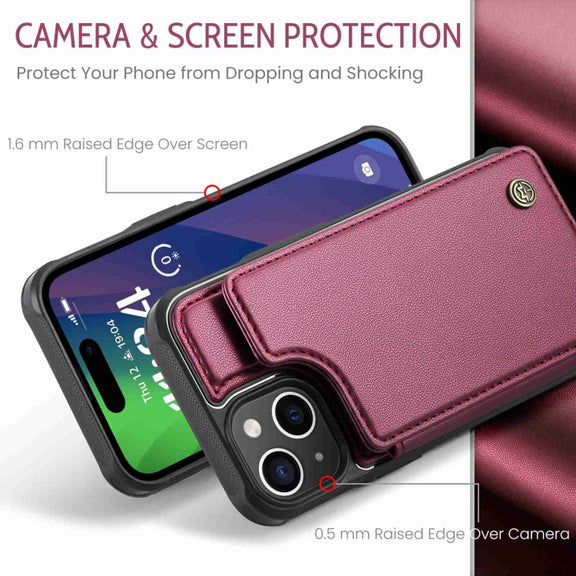 For iPhone 15 CaseMe C22 Card Slots Holder RFID Anti-theft Phone Case(Wine Red)