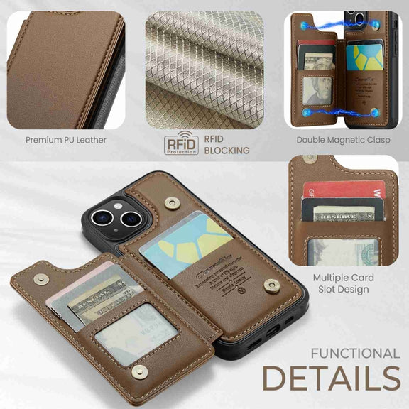 For iPhone 15 CaseMe C22 Card Slots Holder RFID Anti-theft Phone Case(Brown)