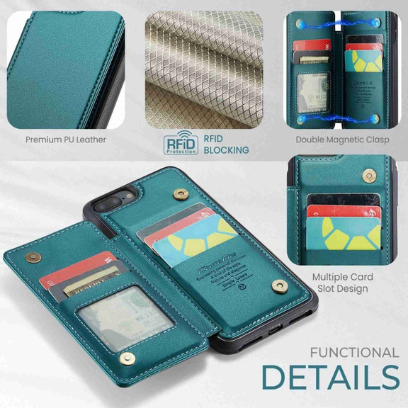 For iPhone 8 Plus / 7 Plus CaseMe C22 Card Slots Holder RFID Anti-theft Phone Case(Blue Green)