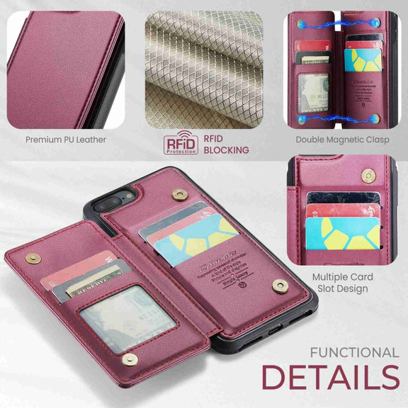 For iPhone 8 Plus / 7 Plus CaseMe C22 Card Slots Holder RFID Anti-theft Phone Case(Wine Red)