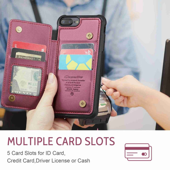 For iPhone 8 Plus / 7 Plus CaseMe C22 Card Slots Holder RFID Anti-theft Phone Case(Wine Red)