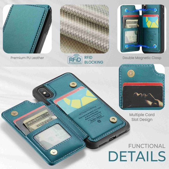For iPhone XS / X CaseMe C22 Card Slots Holder RFID Anti-theft Phone Case(Blue Green)