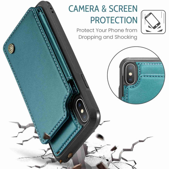 For iPhone XS Max CaseMe C22 Card Slots Holder RFID Anti-theft Phone Case(Blue Green)