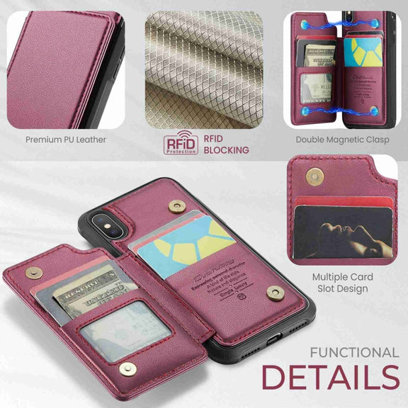 For iPhone XS Max CaseMe C22 Card Slots Holder RFID Anti-theft Phone Case(Wine Red)