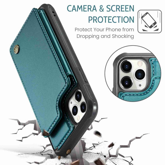 For iPhone 11 Pro CaseMe C22 Card Slots Holder RFID Anti-theft Phone Case(Blue Green)