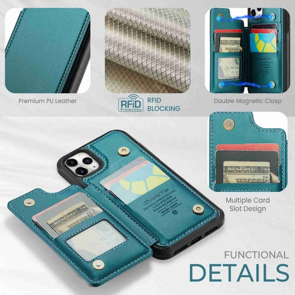 For iPhone 11 Pro Max CaseMe C22 Card Slots Holder RFID Anti-theft Phone Case(Blue Green)