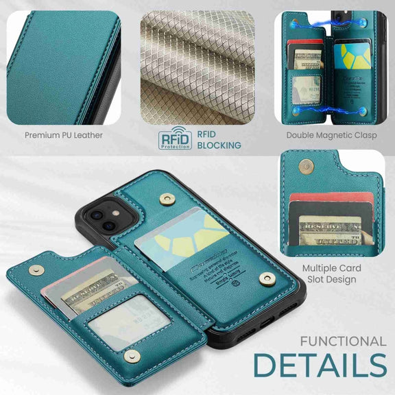 For iPhone 12 / 12 Pro CaseMe C22 Card Slots Holder RFID Anti-theft Phone Case(Blue Green)