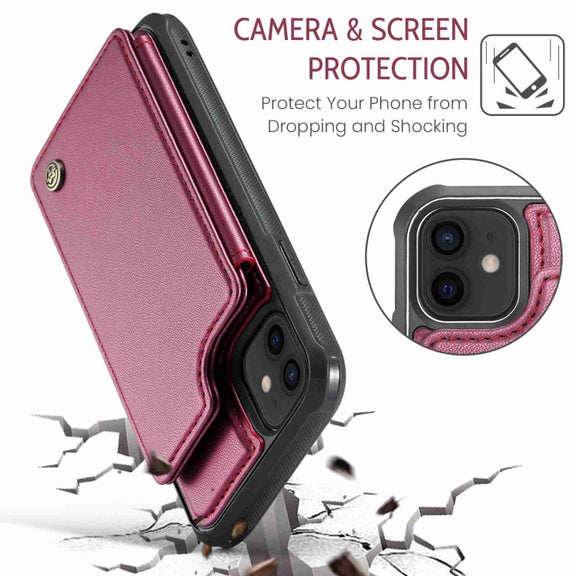For iPhone 12 / 12 Pro CaseMe C22 Card Slots Holder RFID Anti-theft Phone Case(Wine Red)