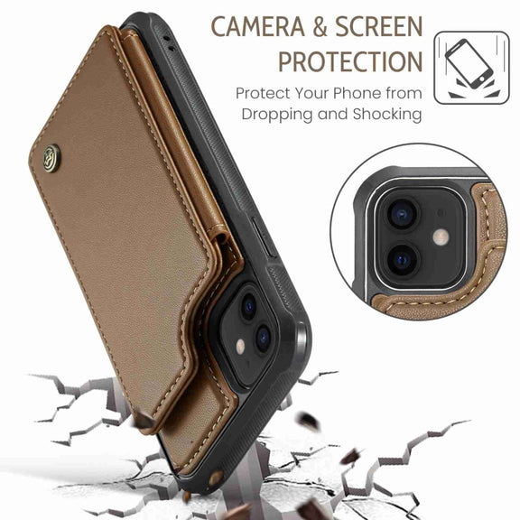 For iPhone 12 / 12 Pro CaseMe C22 Card Slots Holder RFID Anti-theft Phone Case(Brown)